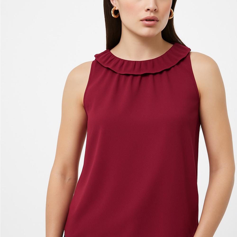 J Crew Burgundy Red Ruffle neck sleeveless blouse top Holiday Christmas Fall